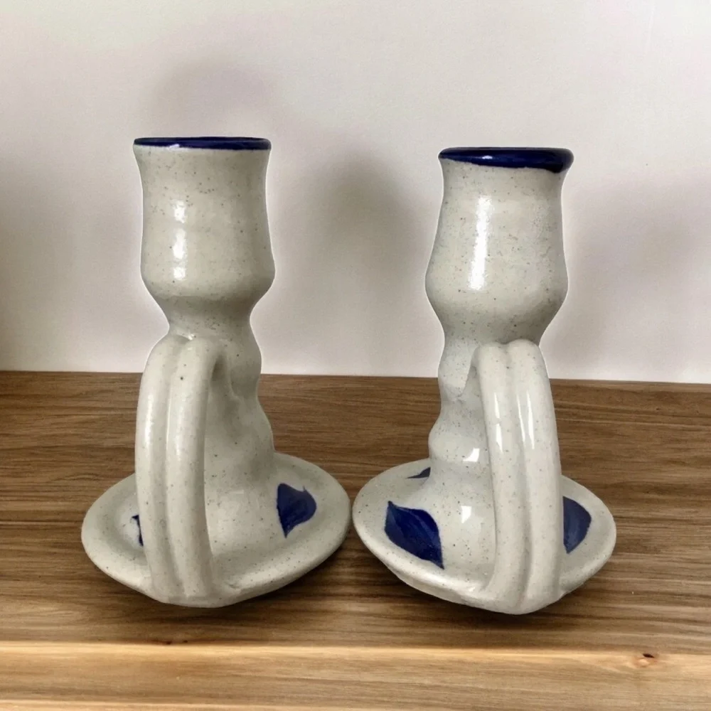 Williamsburg Pottery Salt Glaze Set of 2 Flat Candle Holders Beige Blue